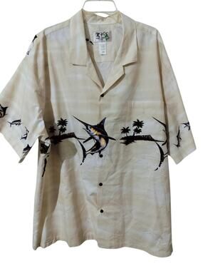 M1264) KY's Marlin-Island Chest Band Button Up Hawaiian Shirt 4XL